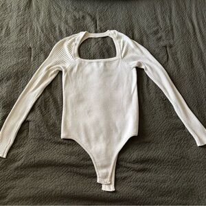 Forever 21 Cream Ribbed Long Sleeve Bodysuit